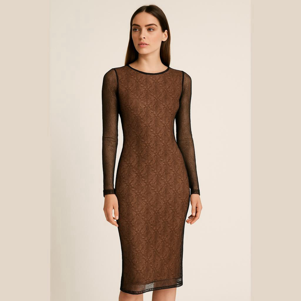NWT Versace Jeans Couture Dress Black Lace Mesh Midi Bodycon Sheer Sleeve US 4